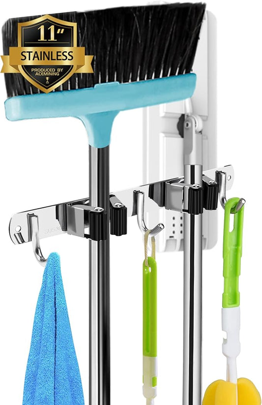 2 Racks and 3 Hooks Broom and Mop Holder Wall Mounted Garage Organizer Storage Tool Racks Stainless Steel Heavy Duty Hooks Self Adhesive Solid Non-slip Wall Hangers for Home Kitchen Garden Laundry-NeatNest