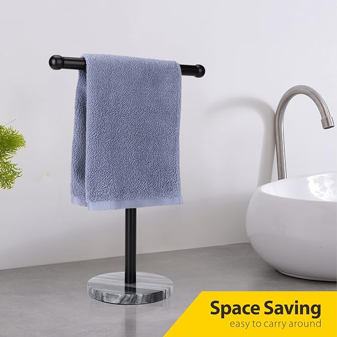 Black Hand Towel Holder Stand with Heavy Marble Base, T-Shape Towel Rack, Free-Standing for Bathroom Vanity Countertop, 304 Stainless Steel (Black)-NeatNest