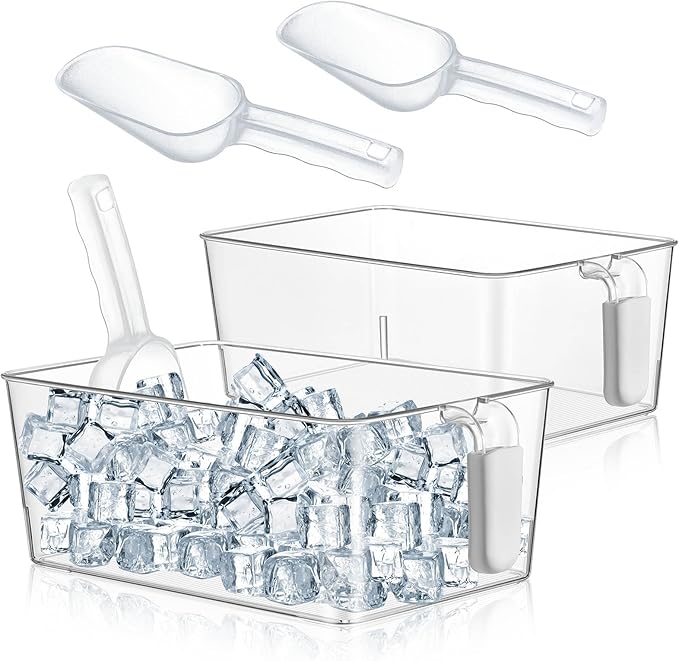 Havawish 2 Set Ice Bin and Flexible Scoop Set Plastic Freezer Ice Bin with Pull out Handle Clear Storage Bucket for Container with Bucket Scoop (Grey,10.83 x 7 x 4.33 in)