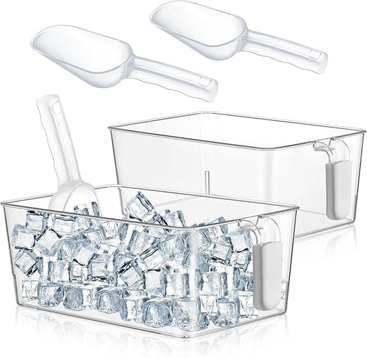 Havawish 2 Set Ice Bin and Flexible Scoop Set Plastic Freezer Ice Bin with Pull out Handle Clear Storage Bucket for Container with Bucket Scoop (Grey,10.83 x 7 x 4.33 in)
