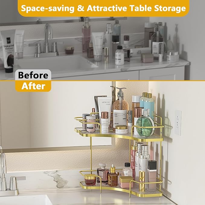 FOLLOWIN 2 Tier Bathroom Corner Countertop Organizer,Make Up Organizers and Storage,Corner Counter Shelf,Skincare Makeup Cosmetic Vanity Lotion Perfume Organizers Holder,Shine Gold-NeatNest