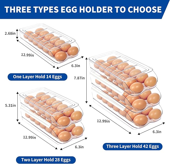 Egg Holder for Fridge, Automatic Rolling Egg Organizer for Refrigerator, Clear Plastic Egg Container & Tray, Stackable Dispenser and Storage Bin with Sturdy Lid to Saving Space -3 Layer