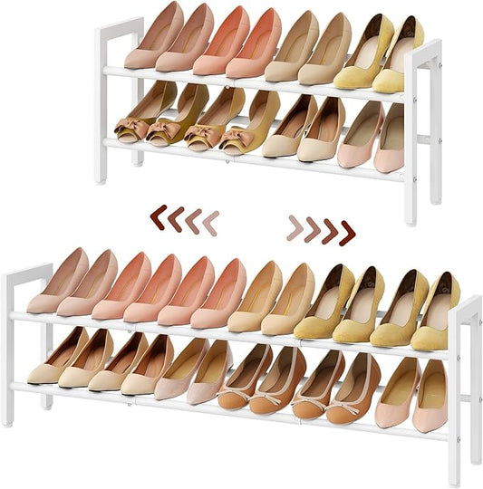 FAVOOSTY 2-Tier Expandable Shoe Rack, Adjustable Shoe Shelf Storage Organizer Space Saving Metal Free Standing Shoe Rack for Entryway Closet Doorway, White-NeatNest
