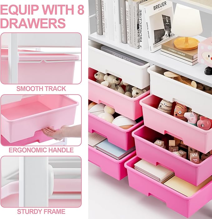 8 Drawers Rolling Storage Cart with Wooden Top, Multipurpose Utility Cart with Opening Shelf & Lockable Wheels, Storage Drawer Cart Organizer for Home Office Craft Room Classroom, Pink
