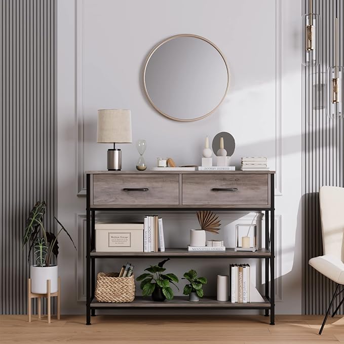 HITHOS Industrial Console Table with Drawers, Vintage Hallway Foyer Table with Storage Shelves, Narrow Long Sofa Entryway Table for Living Room, Grey-NeatNest