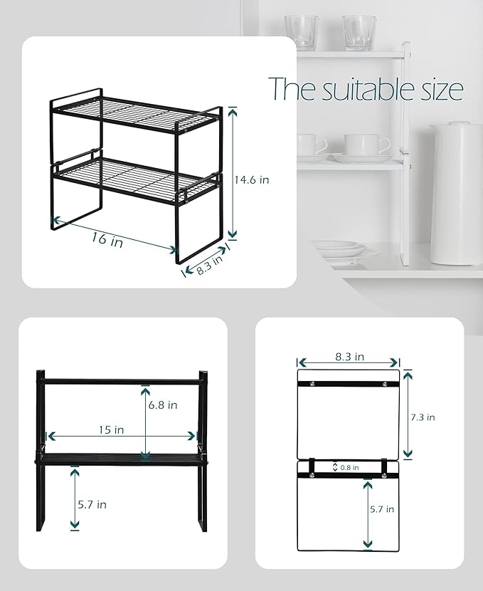 2Pack Cabinet Shelf Organizer Storage Rack Space Saving for Kitchen Counter Pantry Bathroom Cupboard Under Sink Office Table Desk Steel Stackable Rust Resistant Heavy Duty Nonslip 16” Black-NeatNest