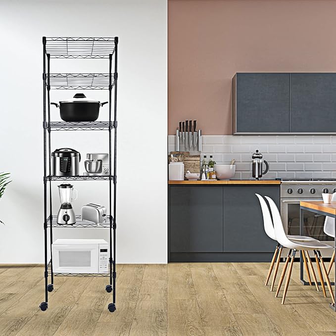 HealSmart Heavy Duty 6-Tier Storage Shelves, 17'' D x 11'' W x 63'' H Adjustable Shelving Unit with Wheels and Hanging Hooks, Black