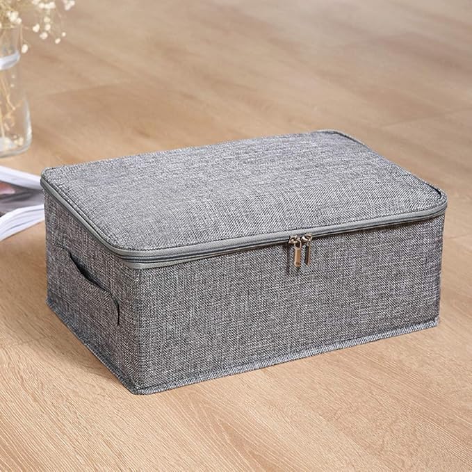 ANMINY 2PCS Storage Bins with Zipper Lids 13 Qt Lidded Fabric Storage Boxes Baskets Cubes with Handles Collapsible Washable Cotton Linen Closet Shelf Clothes Organizer Containers - Gray, Small-NeatNest