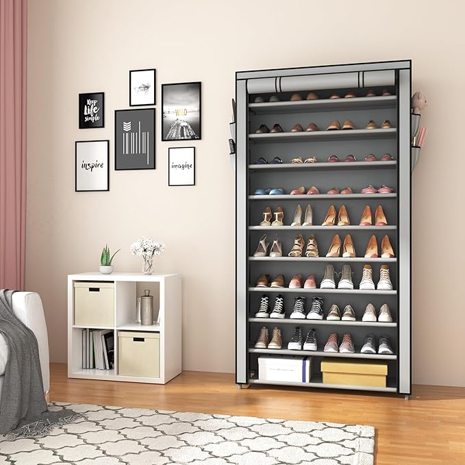 ROJASOP Shoe Rack with Covers, Stackable 10 Tier Tall Shoe Shelf Storage 50-55 Pairs Shoes and Boots Large Capacity Vertical Shoe Rack Organizer for Closet Entryway Garage Bedroom, Grey-NeatNest