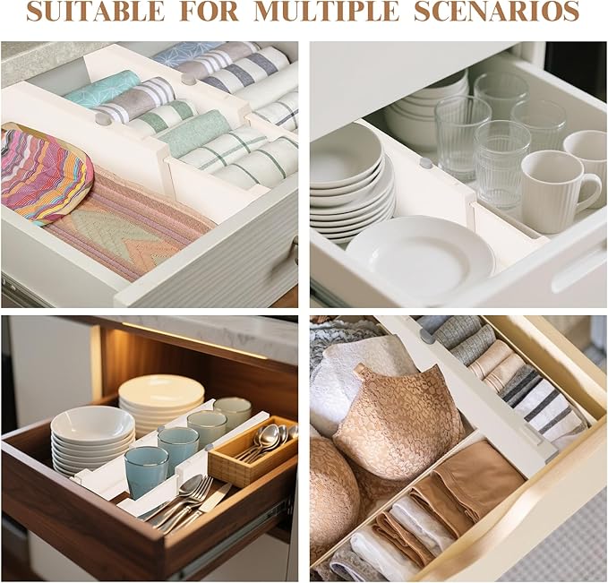 4 Pack 3.8" High Drawer Dividers, 11"-17" Expandable Drawer Organizer For Clothes, Dresser Drawer Organizer, Drawer Separators for Baby Clothes, Vanity, Kitchen and Office Storage, Warm White-NeatNest
