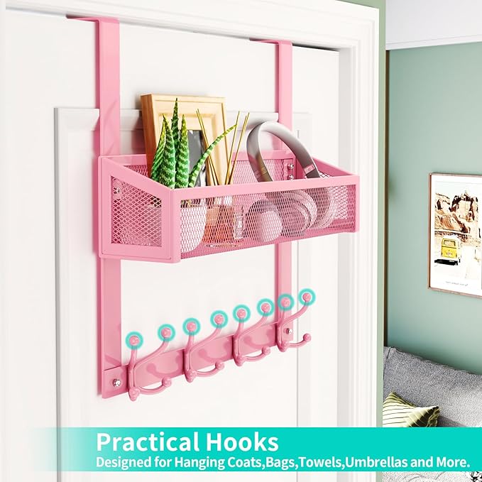 HapiRm Over The Door Hooks - Easy Installation Pink Door Hanger with Basket and 16 Hooks, 304 Stainless Steel Storage Organizer for Towels, Coats, Bathroom, Kitchen, Dorm-Pink