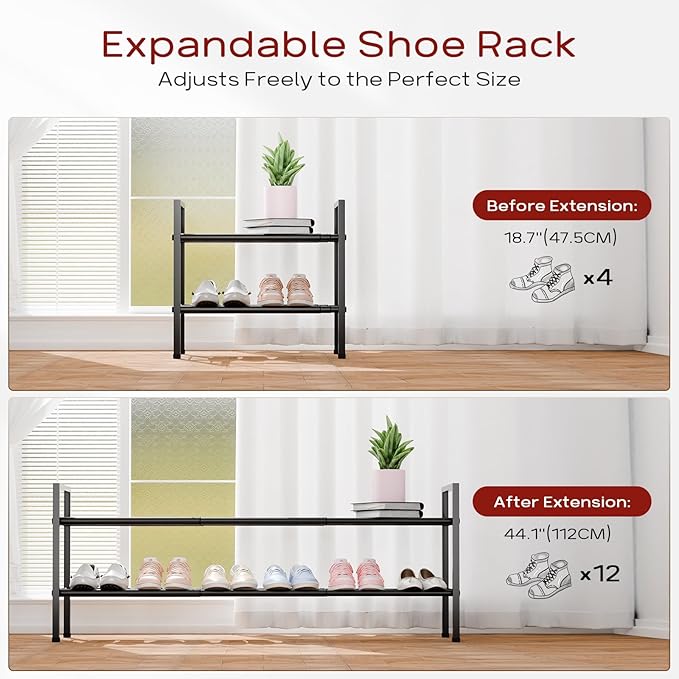 Bumusty 2-Tier Long Expandable Shoe Rack for Closet, 18"-44" Adjustable Shoe Rack for Entryway, 10-12 Pairs Large Shoe Organizer Shelf Storage, Sturdy Metal, Black-NeatNest