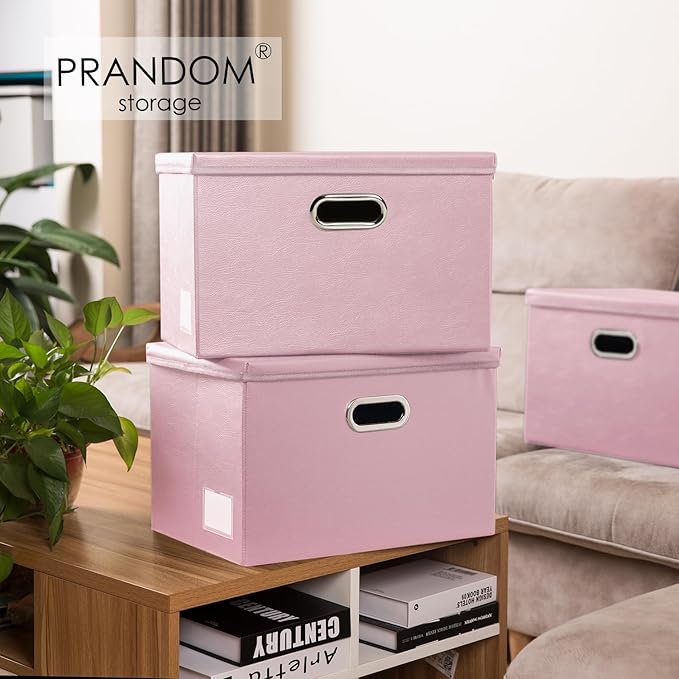 PRANDOM Foldable Storage Bins with Lids [5-Pack] Leather Fabric Collapsible Storage Boxes Organizer Containers Baskets Cube with Cover for Bedroom Closet Office Nursery Pink (14.9x10.8x10)-NeatNest