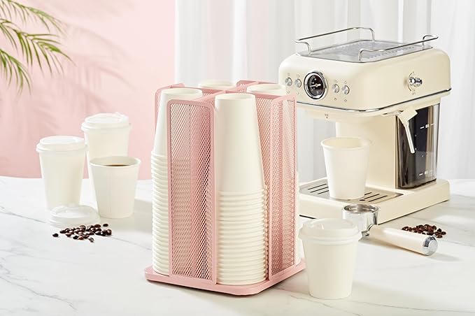 Annova Paper Mug and Lid Holder Plastic Cup Storage Organizer, 360°Rotating Coffee Mug Dispenser with 4 Compartments, Multifunctional Cup Storage Rack for Home, Office, Bar, Coffee Shop (Light Pink)-NeatNest