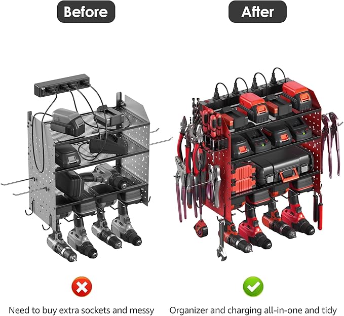 CCCEI Modular Pegboard Rack Power Tool Organizer with Charging Station. 4 Layer Wall Mount Drill Holder, Red Tool Battery Charger Organizer. Garage Shop Storage Utility Shelf with 10FT Power Strip.-NeatNest