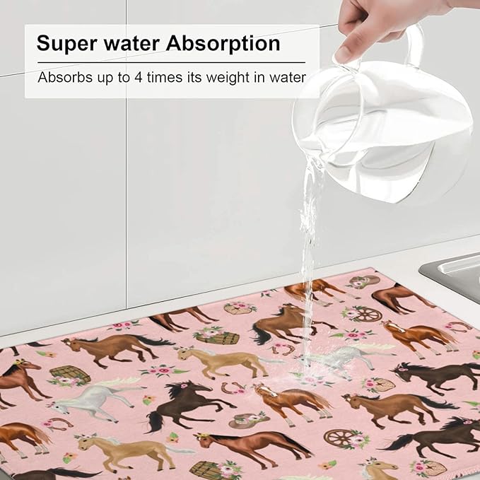 Horse Dish Drying Mat for Kitchen Counter Cute Kitchen Mat Microfiber Kitchen Countertop Absorbent Reversible Drainer Rack Pad Dish Drying Mat 18 x 24 Inch
