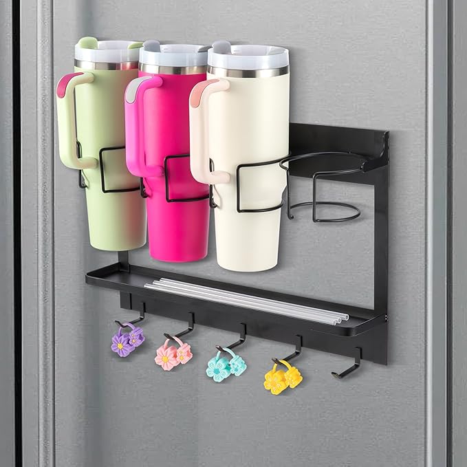 CINPIUK Water Bottle Organizer Holder, Magnetic Cup Rack Storage for Stanley & Large Tumbler, Space Saving Wall Mount Bottle Organizer with 5 Hook, Easy to Install, Black-NeatNest