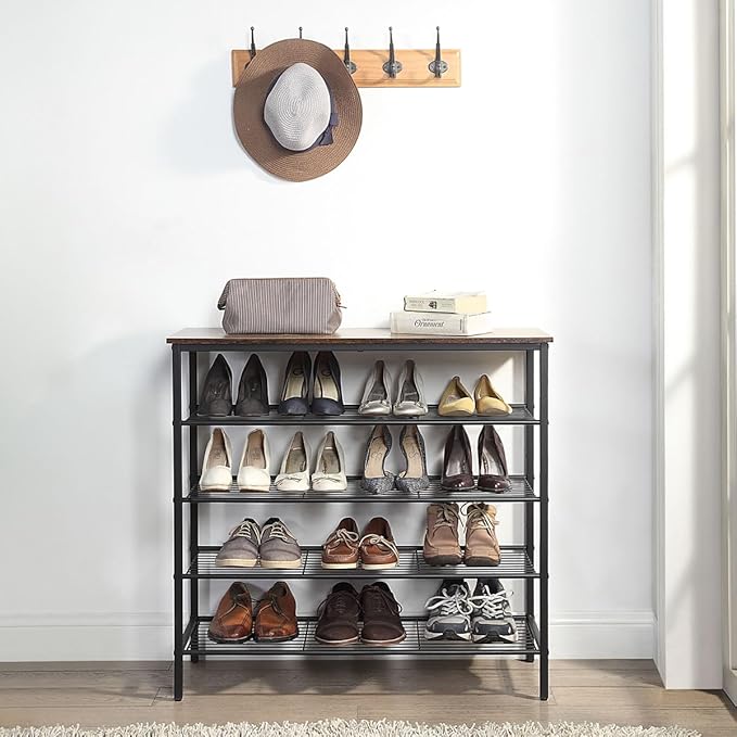5-Tier Shoe Rack Organizer, Metal Mesh Shoe Storage Shelf, for Entryway, Hallway, Closet, Dorm Room, Industrial, Rustic Brown-NeatNest