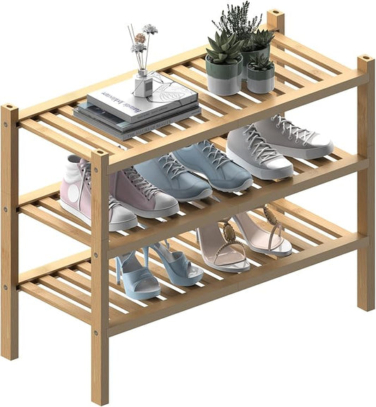 (Thick Bamboo Shoe Rack for Entryway, 3-Tier Free Standing Shoe Racks Stackable Shoe Rack Organizer for Hallway Closet Living Room 27 x12 x21 Inches-NeatNest