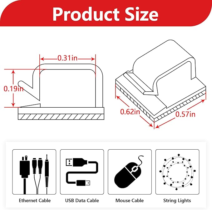 100PCS Cable Clips, Adhesive Wire Clips Organizer Cord Clips Management, Cable Staples Outdoor Strong for Wall, Desk, Christmas Lights, String Lights, Fairy Lights, Clear Glossy, Small-NeatNest