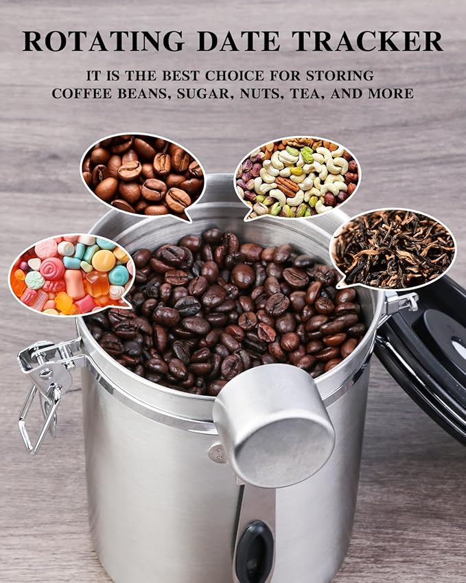 Coffee Canister Airtight Storage Container Stainless Steel Air Tight Coffee Jar with Scoop, Date Tracker CO2 Release Valve for Dry Food, Beans, Ground, Tea, Flour, Cereal and Sugar (1.8L-Silver-2pcs)-NeatNest