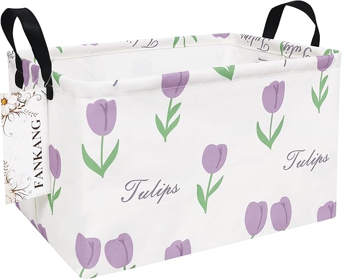 FANKANG Storage Bins, Nursery Hamper Canvas Laundry Basket Foldable with Waterproof PE Coating Large Storage Baskets for Kids Boys and Girls, Office, Bedroom, Clothes,Toys(Rec-tulips