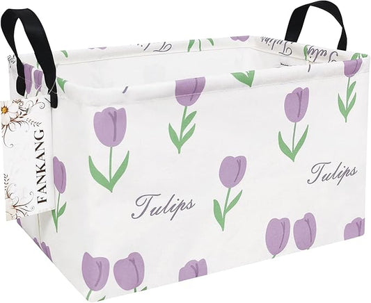 FANKANG Storage Bins, Nursery Hamper Canvas Laundry Basket Foldable with Waterproof PE Coating Large Storage Baskets for Kids Boys and Girls, Office, Bedroom, Clothes,Toys(Rec-tulips