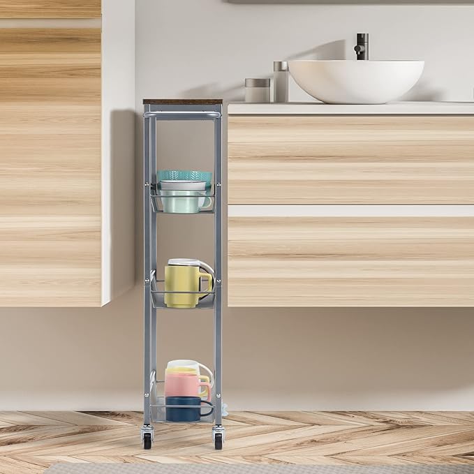NANANARDOSO 4 Tier Slim Rolling Cart, Narrow Cart with Wood Top and Metal Handle, Kitchen Slim Storage Cart for Narrow Space on Kitchen, Bathroom, Silver.
