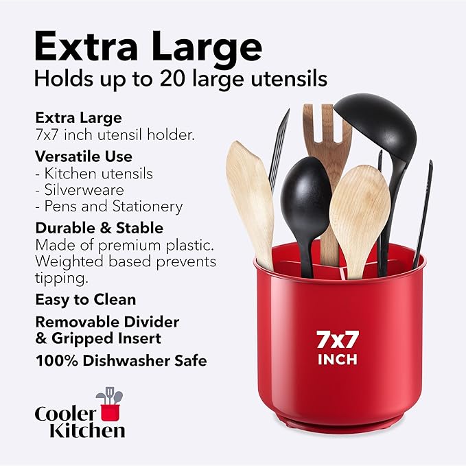 Extra Large Rotating Red Utensil Holder with Sturdy No-Tip Weighted Base, Removable Divider, and Gripped Insert | Rust Proof and Dishwasher Safe Kitchen Utensils Holder by Cooler Kitchen 7*7 Inches-NeatNest