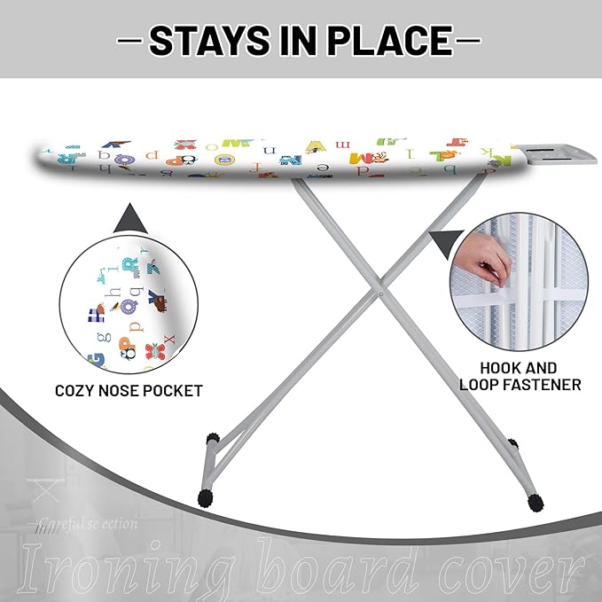 Extra Thick Ironing Board Cover and Pad, Cartoon Alphabet 15x54 Ironing Board Cover, Resist Scorching and Staining,Elastic Edges,Cute Animal Lovely Prints