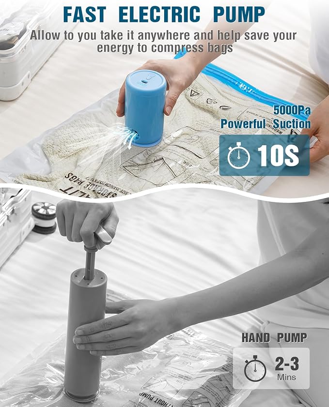 Vacuum Storage Bags for Travel, 8 Pack (4S+4XS) Vacuum Seal Bags with Wireless Rechargeable Electric Pump, Travel Essentials Space Saving Compression Bag for Clothes, Luggage, Suitcase, Backpack, Trip-NeatNest