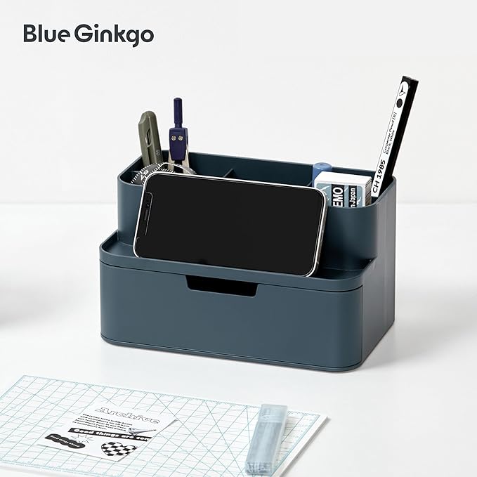 BLUE GINKGO Compact Desk Organizer – Small 5-Compartment, Half Drawer Storage – Pen Holder, Stationery Organizer for Desktop, Vanity, Shelf (Made in Korea, Blue)-NeatNest