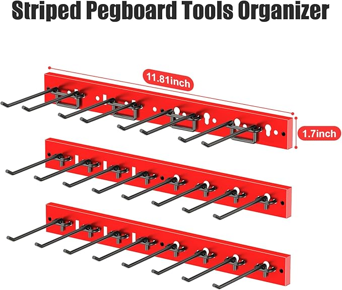 CCCEI 3 Modular Pegboard Strip Storage, Metal Peg Slat Wall Mount for Garage, Basement, Garden, Laundry Room Organization. Flexible Tool Organizer for Rake, Shovels, Crafting. Gifts for Men, Red.-NeatNest