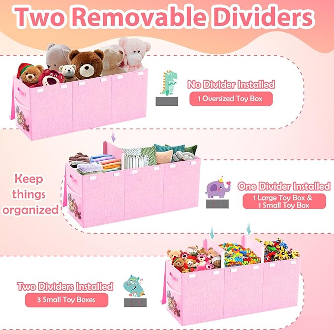 Extra Large Toy Storage Box with Lid Divider, Sturdy Collapsible Toys Organizer Chest Kids Storage Bins Boxes Baskets for Boys, Girls, Nursery, Bedroom, Living Room, Playroom, 40"x14"x16", Pink