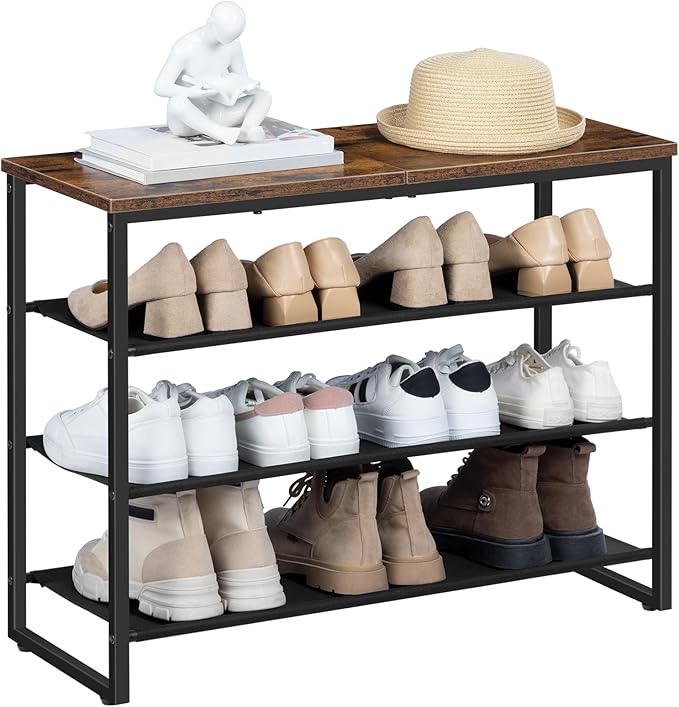 HOOBRO Shoe Rack, 4 Tier Shoe Storage Organizer with 3 Oxford Fabric Shelves and Top Panel, Holds 12-16 Pairs of Shoes for Entryway and Closet, Industrial, Rustic Brown BF47XJ01G1-NeatNest