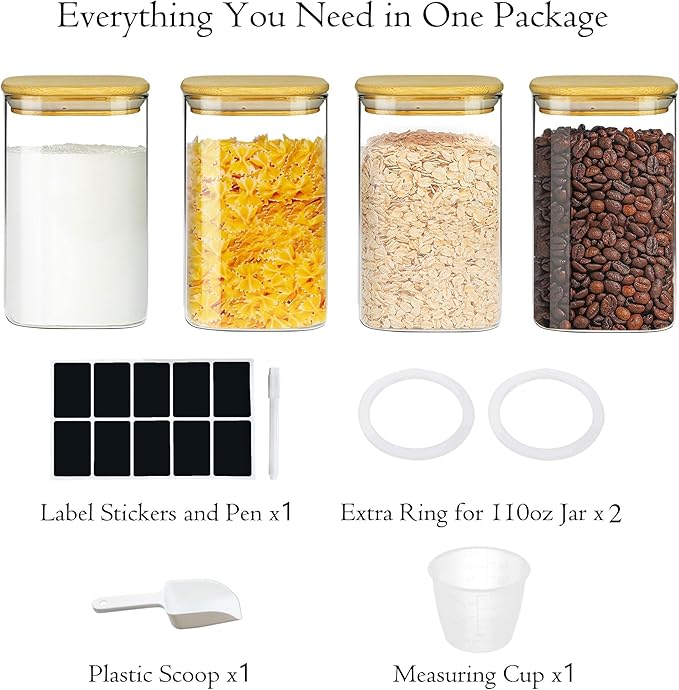 Glass Storage Containers with Airtight Bamboo Lids Set of 4,Pantry Food Storage Container,Perfect for Kitchen Organization-Flour, Rice, Pasta, Sugar, Coffee Beans, Accessories Included (4 packs(50oz))