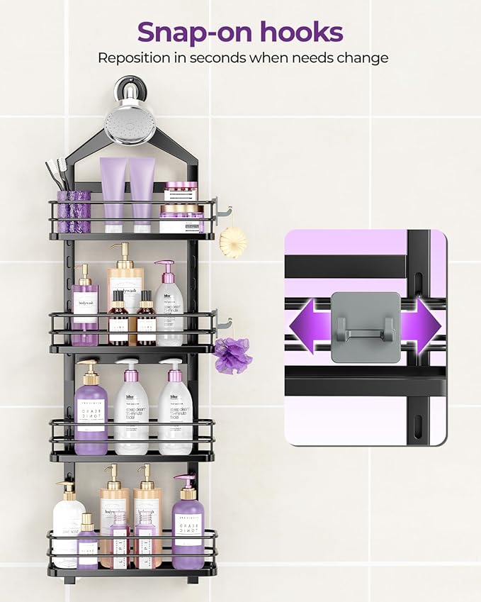 ODesign 4 Tier Height-Adjustable Shower Caddy Hanging Anti-Swing-Over The Shower Head Caddy-Sho wer Storage Organizer Bathroom Shelves Basket Caddies-Black
