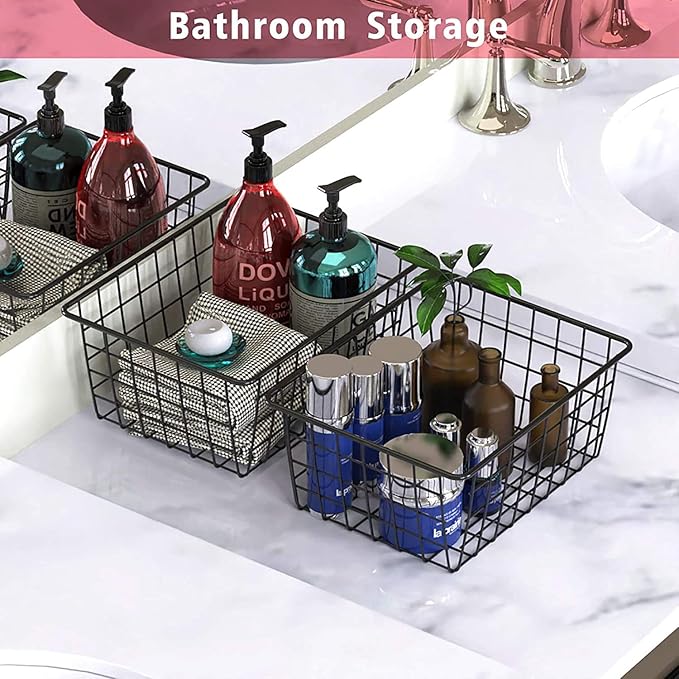 Metal Wire Basket Food Storage Organizer with Wooden Handles for Organizing Kitchen Cabinets, 4 Packs-Black-large-NeatNest