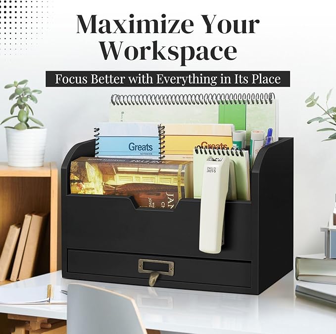 Flexzion 3 Tier Wooden Desk Organizer - Country Rustic Mail Organizer Countertop Compartments Slot File Tray Pencil Sorter Shelf Holder Accessories Set with Storage Drawer for Home Office, Light Brown-NeatNest