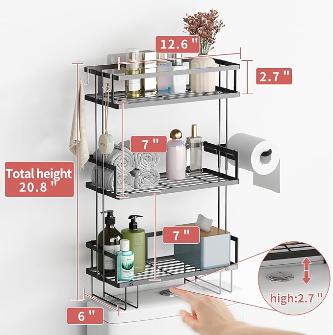 Godboat Bathroom Organizers and Storage, 3-Tier Wall Shelves, Over Toilet Rack with Paper Holder and 2 Hooks, Floating Shelf & Accessories, Gifts for Women, Mom, Mothers Day (Black)-NeatNest