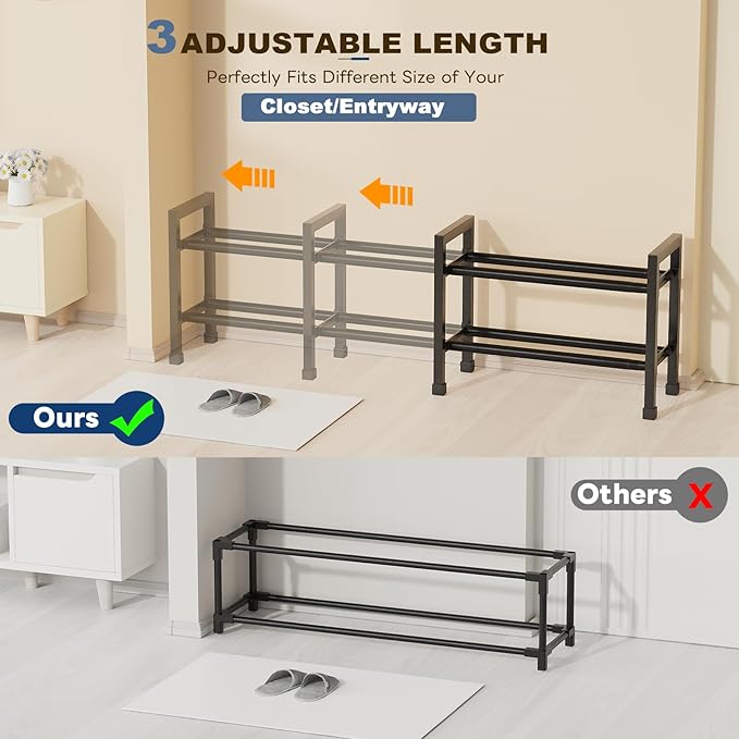 Mavivegue Expandable Shoe Rack, 2-Tier 19"-43.3" Adjustable Shoe Rack for Closet,Hall Entryway,Front Door,Garage, Sturdy Steel Space-Saving Rack, Black-NeatNest