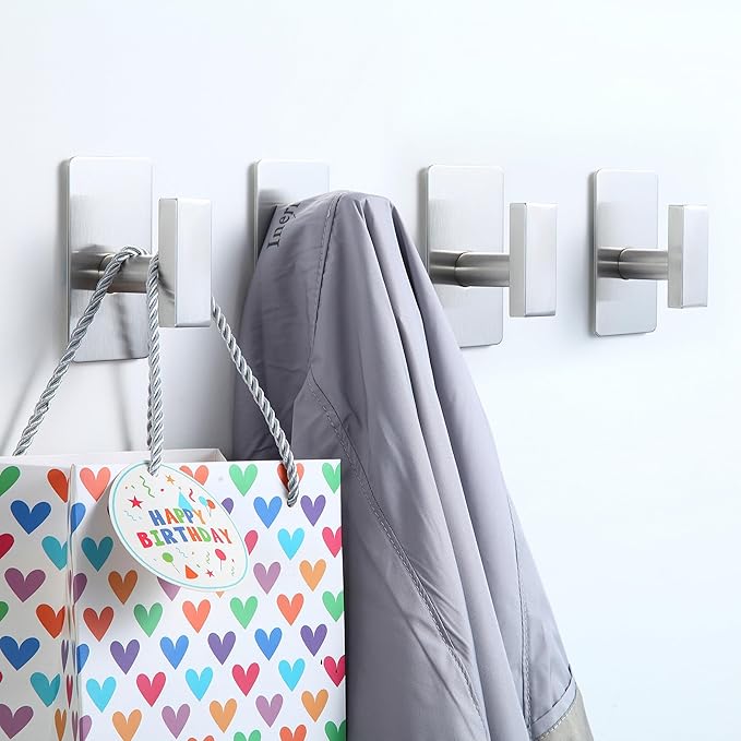 (4-Pack) Adhesive Towel Hooks Stainless Steel, Square Adhesive Wall Hooks for Bathroom Kitchen Hanging Towels, Coats, Clothes (Brushed Nickel)