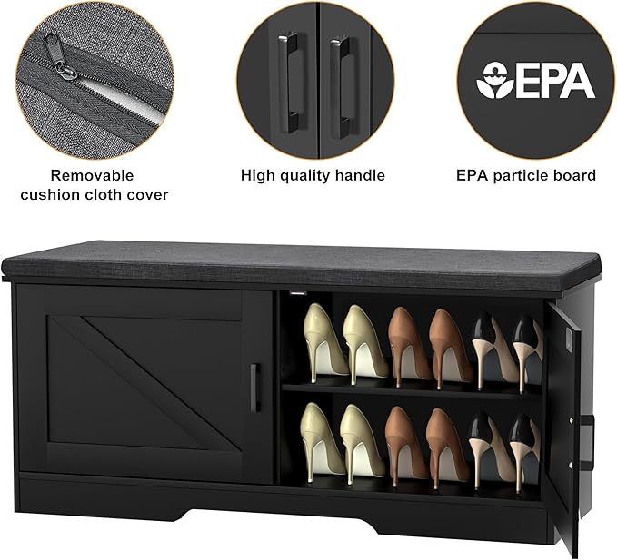2-Tier Storage Bench, Shoe Bench with Padded Seat Cushion, Entryway Bench with 2 Barn Doors, Adjustable Shelf, 13.8" D x 39.4" W x 17.7" H, for Entryway, Living Room, Bedroom, Black-NeatNest