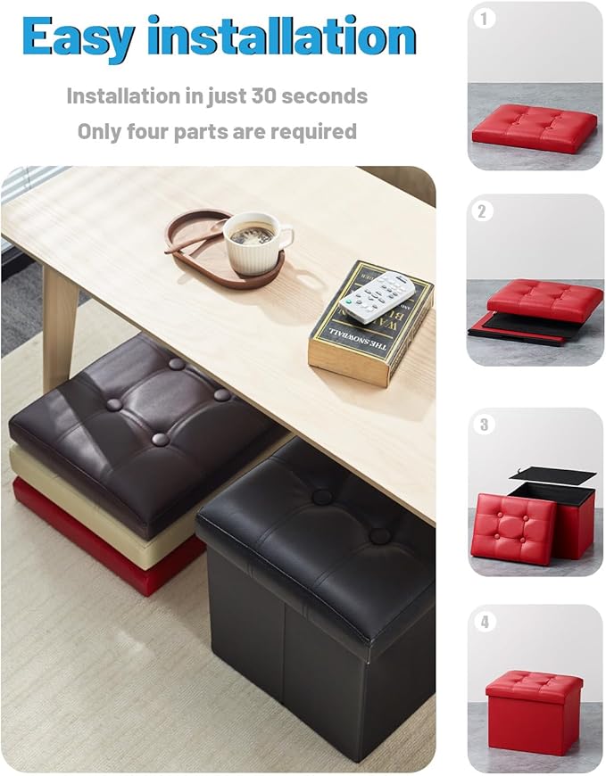 AmasSmile Storage Ottoman Folding Foot Rest Stool, Leather Footstool Bench, Short Ottoman Stool, Storage Foot Rest Store, Books (Red, 17" D x 13" W x 13" H)-NeatNest
