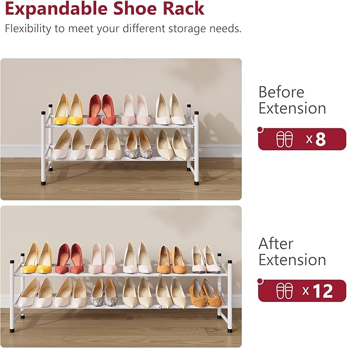 Tajsoon Expandable Shoe Rack for Closet 2 Tier, 28“-41“ Adjustable & Stackable Shoe Shelf Storage, Metal Shoe Rack Organizer for Front Door Entrance, Closet, Garage, Entryway, White-NeatNest