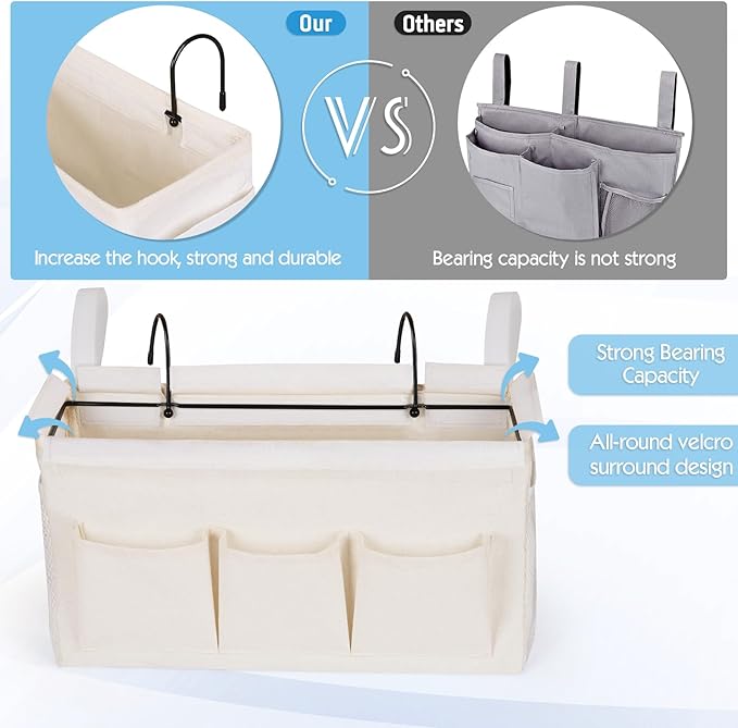 Bedside Storage Caddy/Bedside Hanging Storage Bag for Headboards Bunk Beds Dorm Rooms Book Phone Magazine Holder (New White)-NeatNest