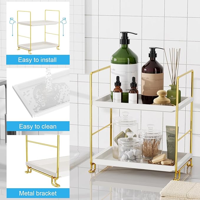 FSyueyun 2-Tier Bathroom Countertop Organizer, Tool-Less Installation Premium Plastics Makeup Shelf Organizer Perfume Skincare for Dresser Vanity Tray Organizers and Storage (Gold)-NeatNest