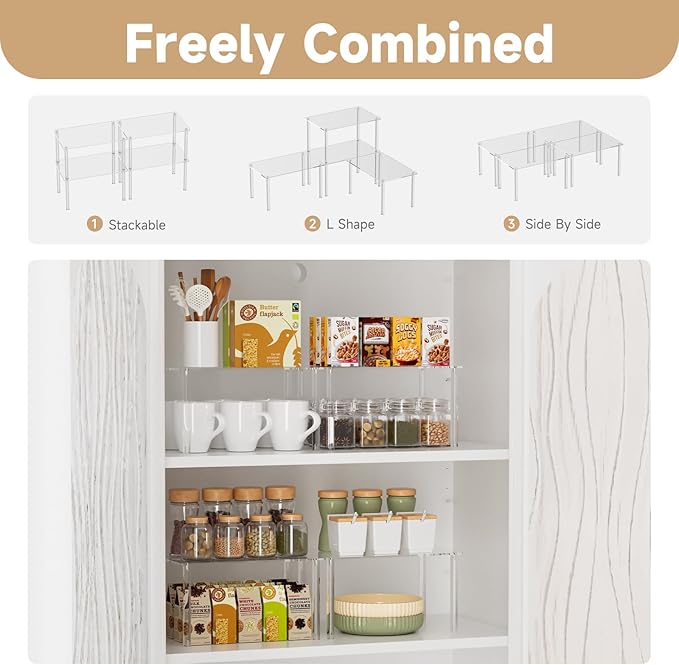 2 Pack Acrylic Cabinet Organizer, Clear Cabinet Organizer Shelf, Stackable, Expandable, Spice Rack, Adjustable Counter Shelf for Makeup, Bathroom, Cupboard, Desk, Kitchen Pantry Organization-NeatNest