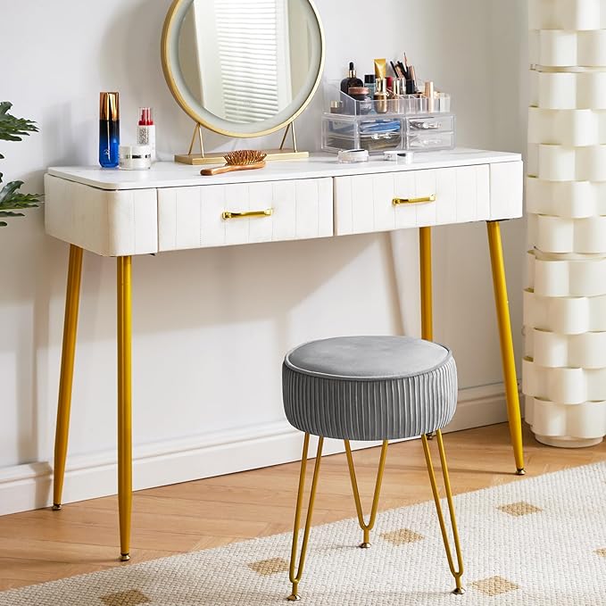 IBUYKE Velvet Round Footrest Ottoman, Makeup Vanity Stool Side Table, Dressing Table Seat, Pouf Couch Stool, Golden Steel Legs, Gray LG-30G