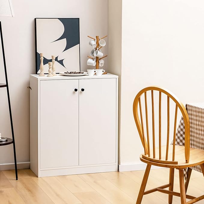 Giantex 2 Door Storage Base Cabinet - Freestanding Floor Cabinet with 3-Tier Shelf, Non-Slip Foot Pads, Kitchen Cupboard Storage Organizer for Living Room, Hallway, Entryway, Office (White)